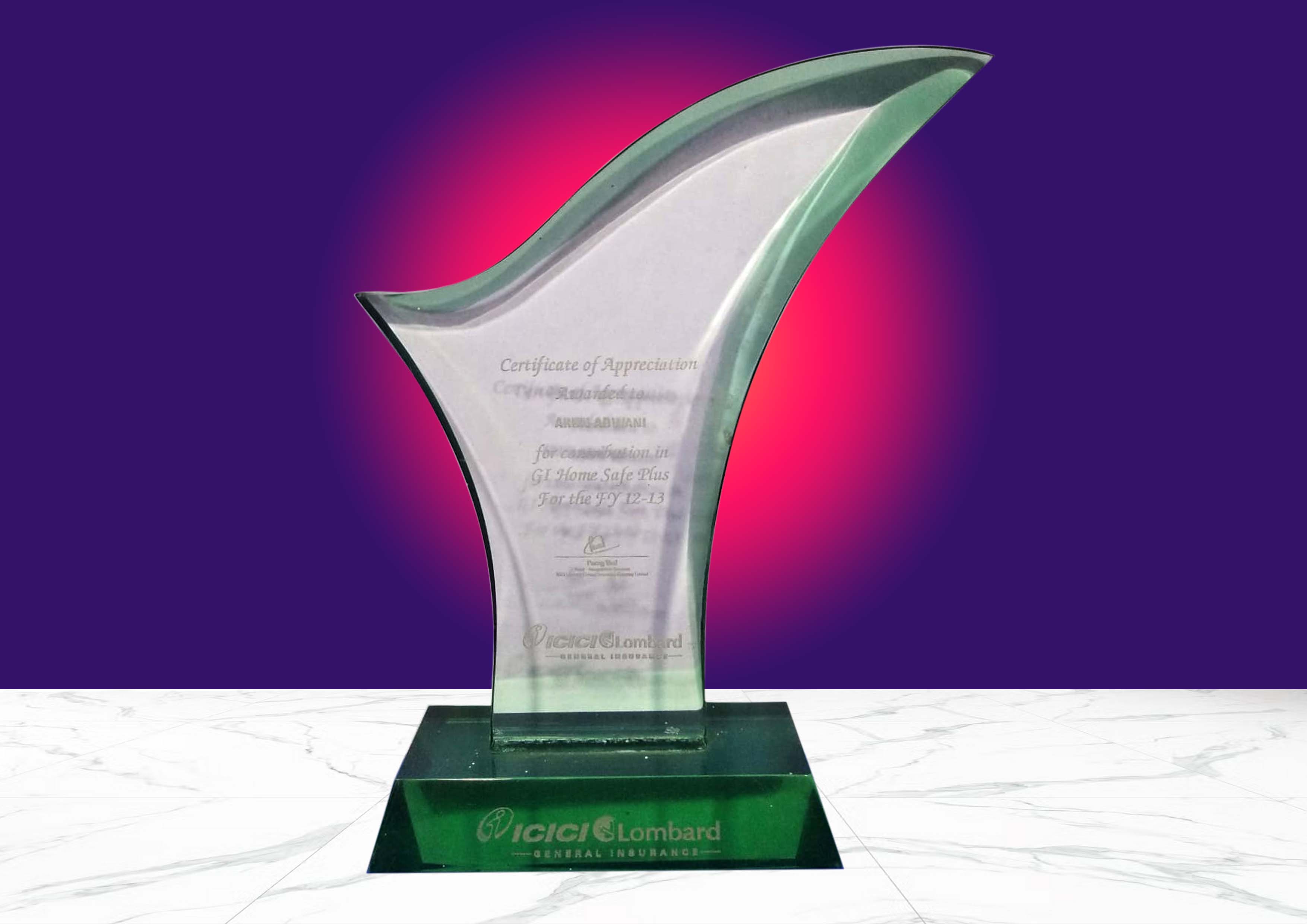 Certificate Of Appreciation Awarded To Arun Adwani For Contribution In GI Home Safe Plus For The Fy 12-13 From ICICI Lombard