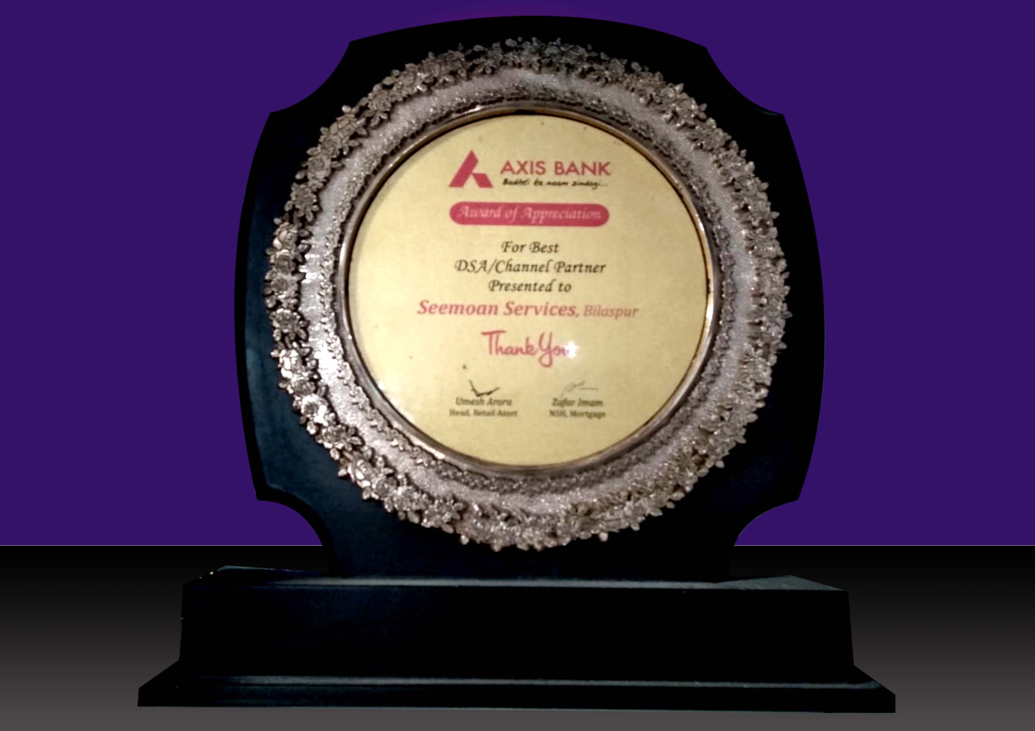 Award of Appreciation For Best DSA/Channel Partner Presented From Axis Bank 
